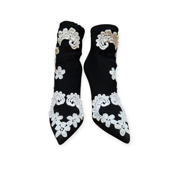 Dolce & Gabbana Floral Embroidered Black White Gold Ankle Booties EU 38 / US 8 - Picture 3 of 8